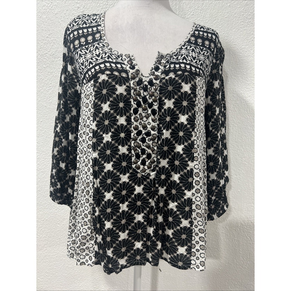STYLE &CO. Blouse Long Sleeves Black White Floral Beaded Pullover Flared PS